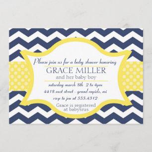 Chevron Baby shower invite. Navy blue and yellow Invitation