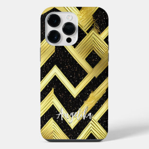 Chevron Black and Gold Personalized Name iPhone 14 Pro Max Case