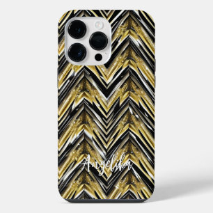 Chevron Black and Gold Personalized Name iPhone 14 Pro Max Case