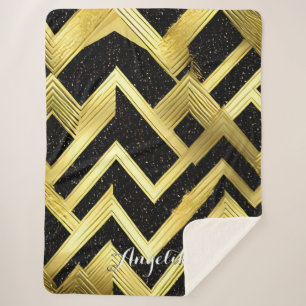 Chevron Black and Gold Personalized Name Sherpa Blanket