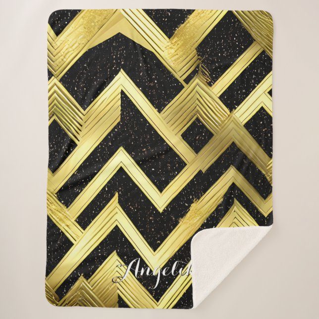 Chevron Black and Gold Personalized Name Sherpa Blanket (Front)