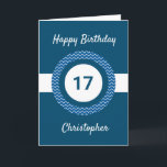 Chevron Blue 17th Birthday Card<br><div class="desc">A personalized blue 17th birthday card for him, which you can easily personalize with the age you need along with his name on the front of the card. You can easily personalize the inside card message if you wanted. This blue personalized 17th birthday card for him would make a great...</div>