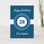 Chevron Blue 28th Birthday Card<br><div class="desc">A personalized blue 28th birthday card for him, which you can easily personalize with the age you need along with his name on the front of the card. You can easily personalize the inside card message if you wanted. This blue personalized 28th birthday card for him would make a unique...</div>