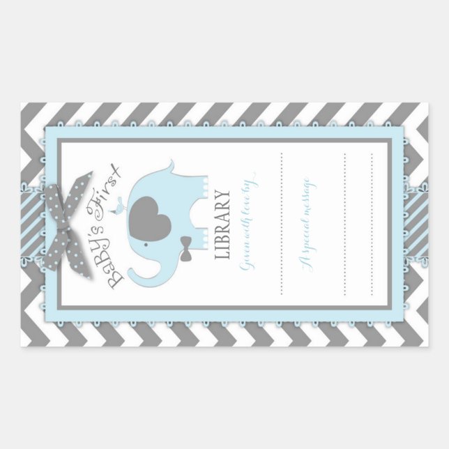 Chevron Blue Elephant Bow-tie Book Plate Label (Front)