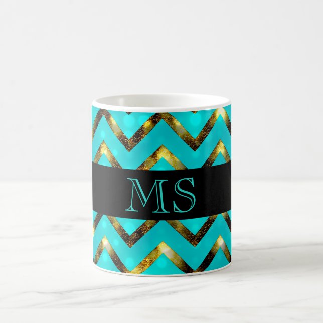 Chevron blue gold monogram personalize coffee mug (Center)