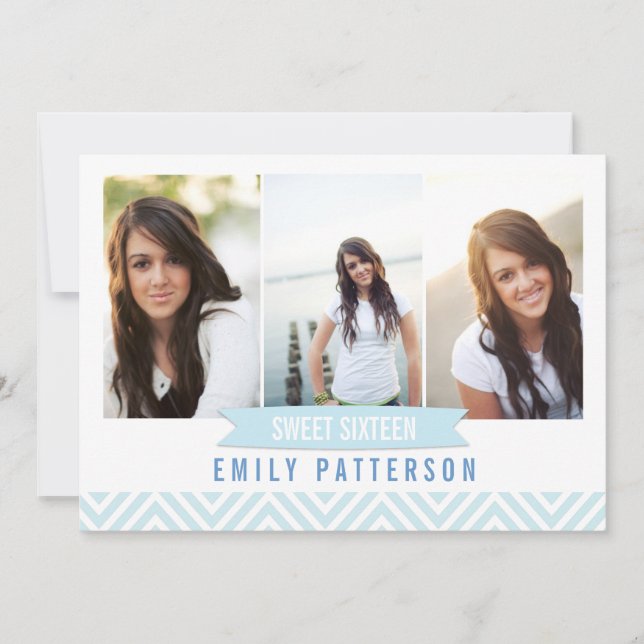 Chevron Blue | White Sweet 16 Photo Birthday Party Invitation (Front)