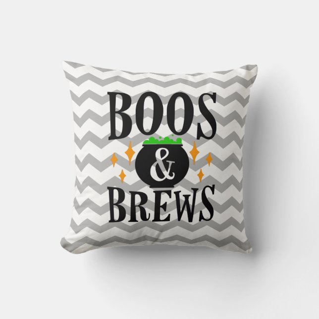 Chevron Boos and Brews Halloween Throw Pillow (Front)