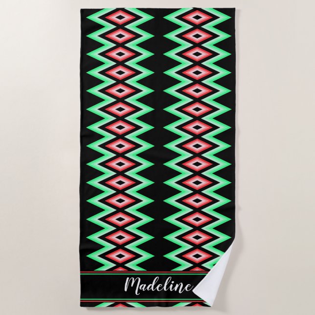 Chevron Calligraphy Name Red Green Tropical  Beach Beach Towel (Front)