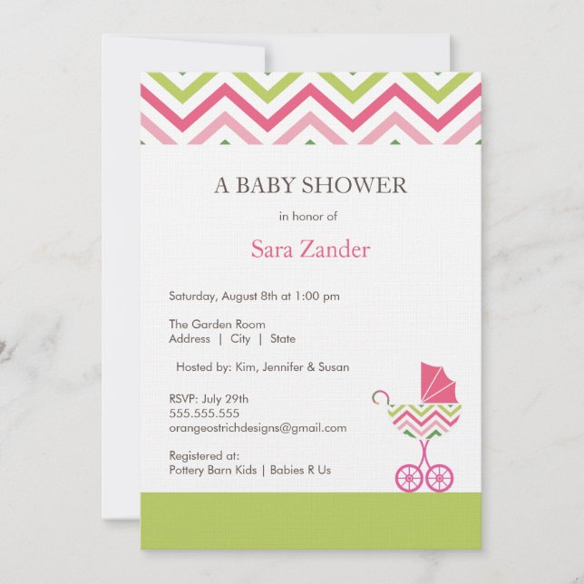 Chevron Carriage Baby Shower Invitation  |  Girl (Front)