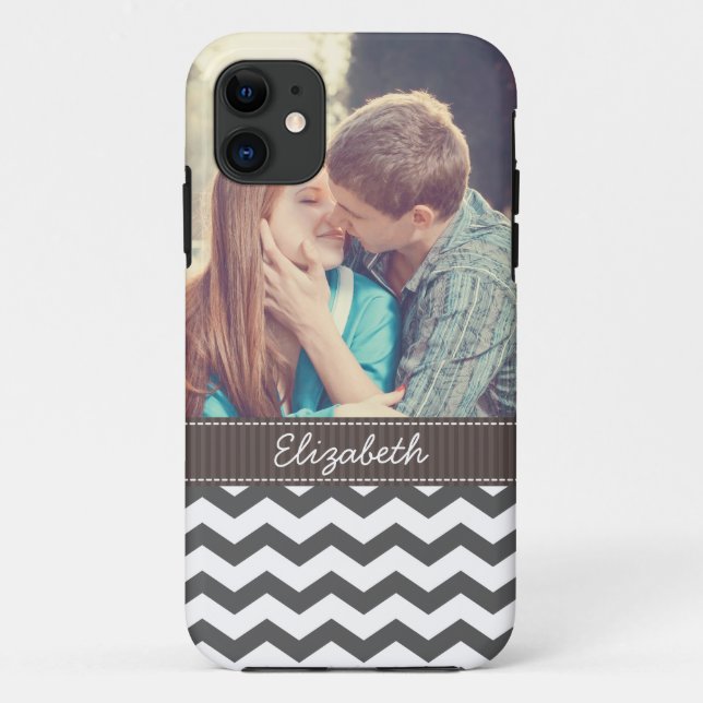 Chevron Charcoal Grey Zigzag Stripes Personalized Case-Mate iPhone Case (Back)