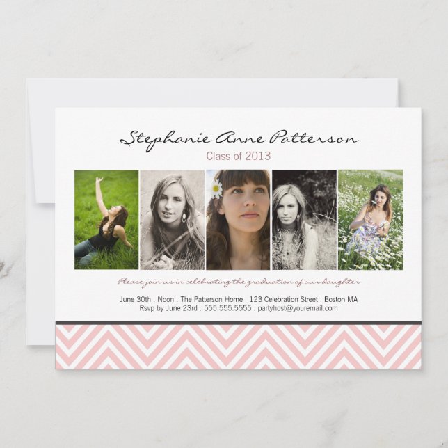 Chevron Chic 5 Photo Graduation Announcement Pink (Front)