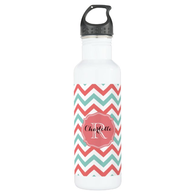 Chevron Coral and Aqua Custom Name 710 Ml Water Bottle (Front)
