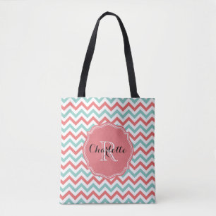 Chevron Coral and Aqua Custom Name Tote Bag
