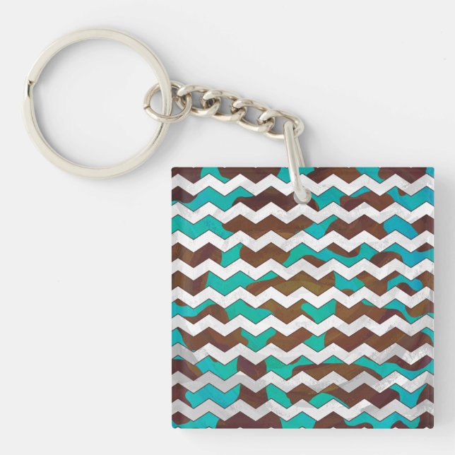 Chevron Cow Brown and Teal Print Keychain (Front)
