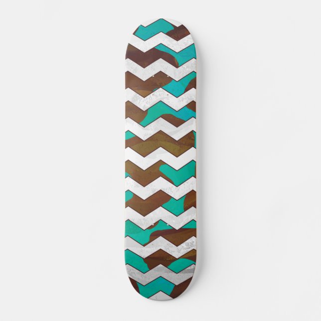 Chevron Cow Brown and Teal Print Skateboard (Front)