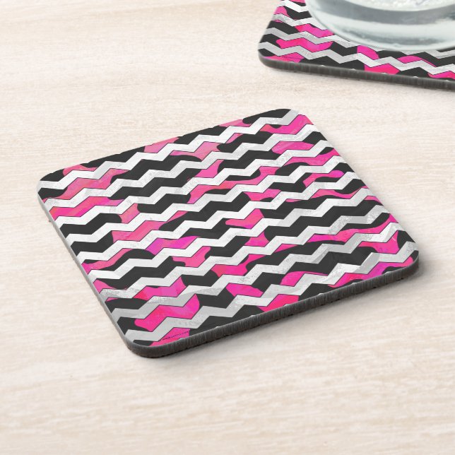 Chevron Cow Hot Pink and Black Print Coaster (Left Side)