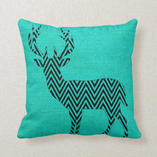Chevron Deer Silhouette on Burlap   aqua teal Throw Pillow