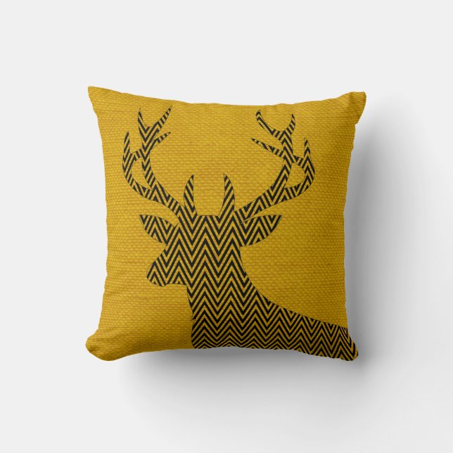 Chevron Deer Silhouette on Burlap | mustard Throw Pillow (Front)