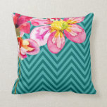 Chevron Floral | teal turquoise Throw Pillow<br><div class="desc">This summery "Chevron Floral" throw pillow features handpainted multi-coloured flowers against a teal and turquoise chevron pattern. So stylish, it's suitable for any décor. For questions or custom requests for matching products, please contact cheryl@cheryldanielsart.com. Available in 8 colours: coral, mauve, teal, celery, grey, black & white, yellow and taupe. "Chevron...</div>