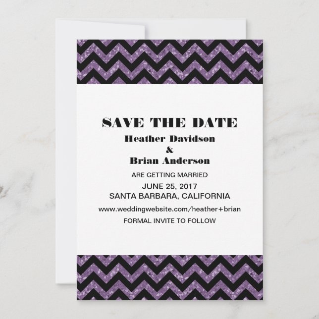 Chevron Glitter Save the Date Invite, Purple Invitation (Front)