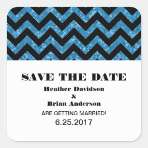 Chevron Glitter Save the Date Stickers, Blue Square Sticker