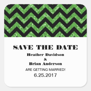 Chevron Glitter Save the Date Stickers, Green Square Sticker