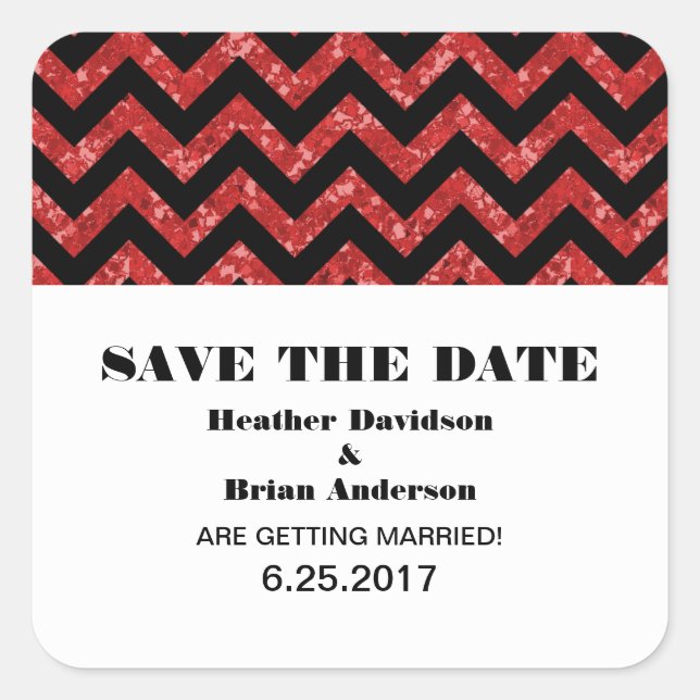 Chevron Glitter Save the Date Stickers, Red Square Sticker (Front)