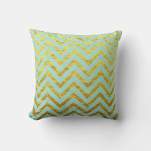 Chevron Gold Foil Teal Blue Patterns Glittery Cool Throw Pillow