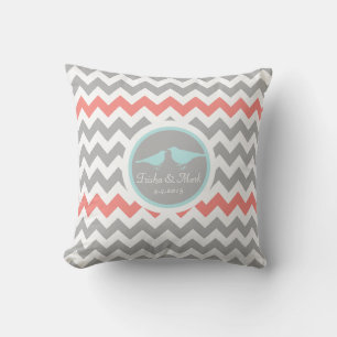 Chevron Grey Aqua White Bird Wedding Pillow