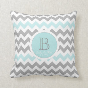 Chevron Grey Aqua White Monogram Wedding Pillow