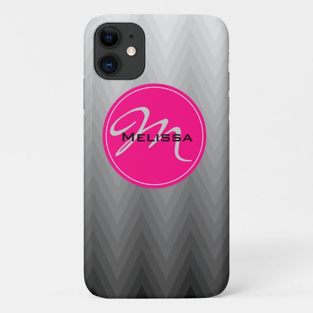 Chevron Grey ombre pattern Pink Monogram Name Case-Mate iPhone Case (Back)