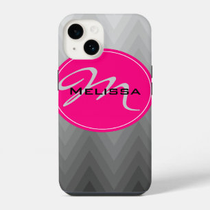 Chevron Grey ombre pattern Pink Monogram Name iPhone 14 Case