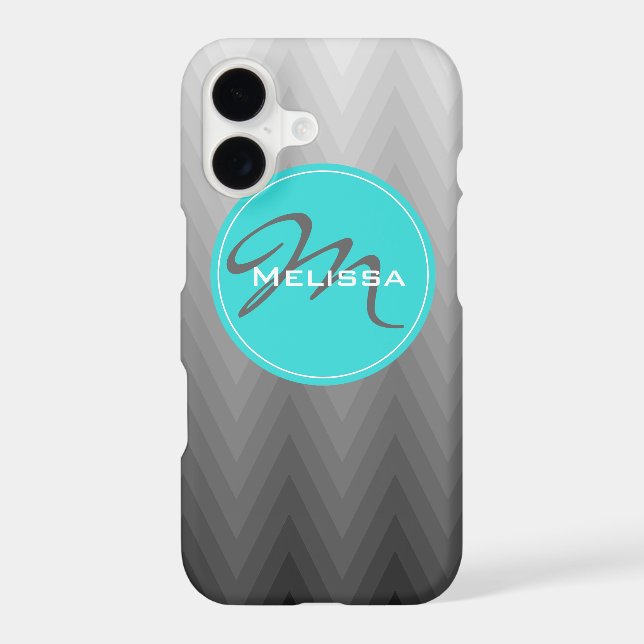 Chevron grey ombre pattern Turquoise Monogram Name (Back)