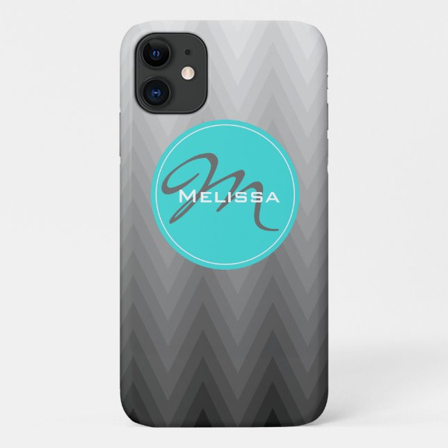 Chevron grey ombre pattern Turquoise Monogram Name Case-Mate iPhone Case (Back)