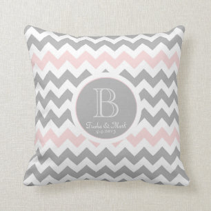 Chevron Grey Pink White Monogram Wedding Pillow