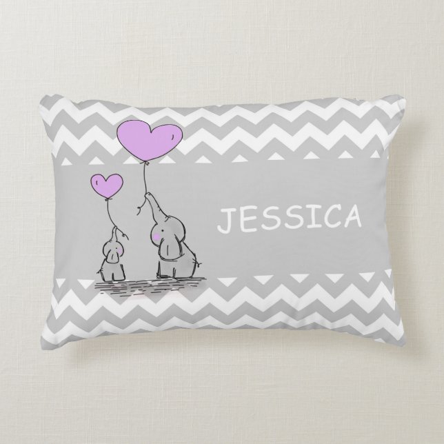 Chevron Grey White LAVENDER Girl Elephant Heart Accent Pillow (Front)