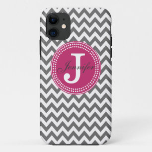 Chevron gris et coque iphone rose de monogramme