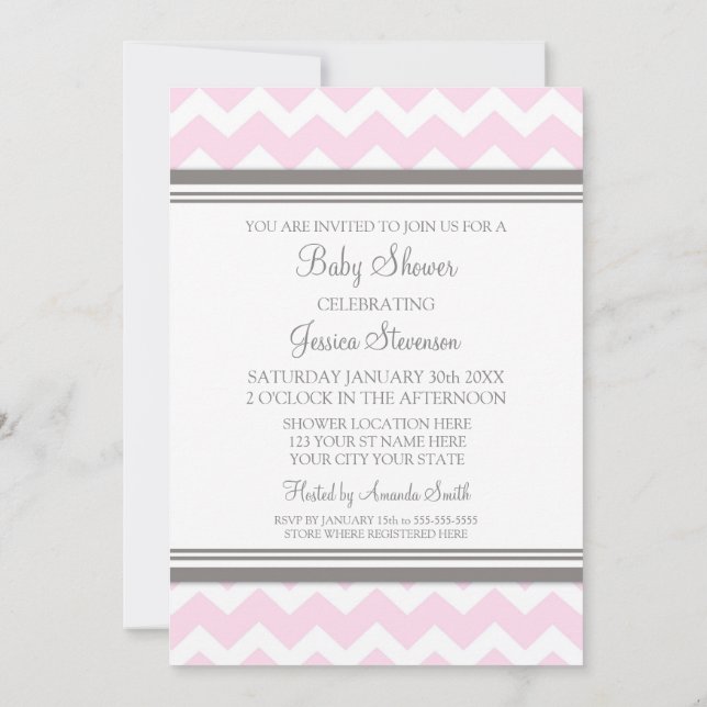 Chevron gris rose Invitations de douches pour bébé (Dos)