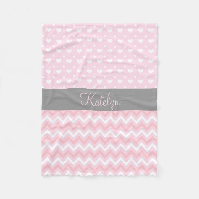 Chevron Hearts Pattern Pink Grey | Monogram Fleece Blanket (Front)
