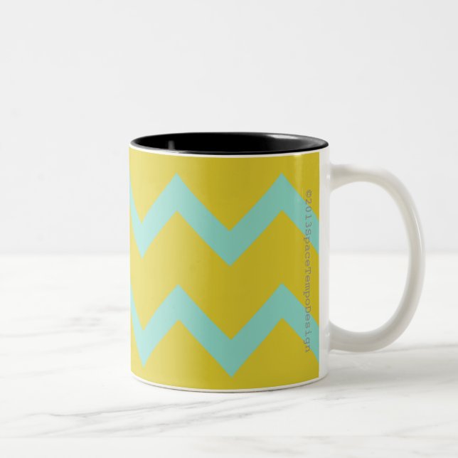 Chevron in aqua + chartreuse contemporary designer Two-Tone coffee mug (Right)