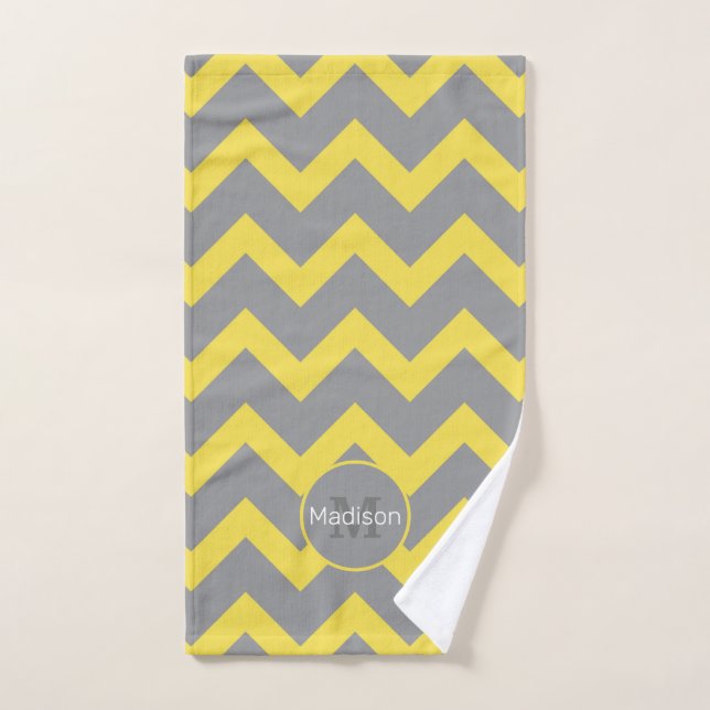 Chevron jaune gris motif lignes rayures Monogramme (Serviette à main)