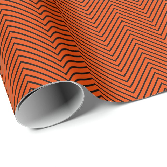 Chevron Line Black on Bright Orange Wrapping Paper (Roll Corner)