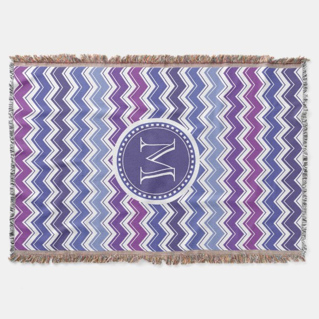 Chevron Monogram Blue and Purple Zigzag Throw Blanket (Front)