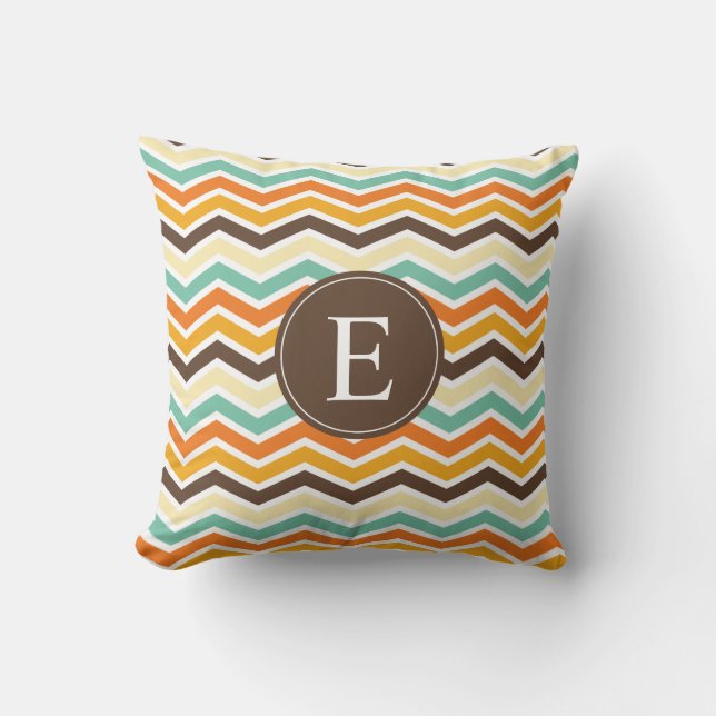 Chevron Monogram Brown Orange Turquoise Throw Pillow (Front)