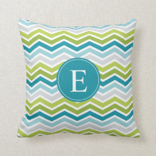 Chevron Monogram Green Blue Throw Pillow