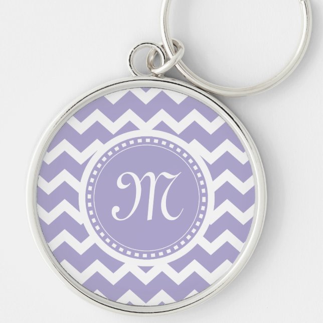 Chevron Monogram Retro Purple and White Keychain (Front)