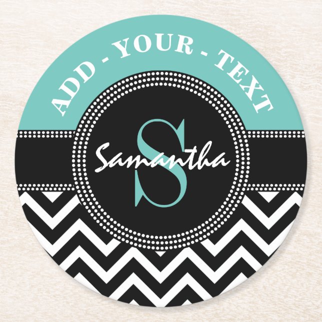 Chevron Monogrammed Elegant Birthday Party Round Paper Coaster (Front)