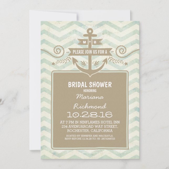 Chevron nautical anchor bridal shower invites (Front)