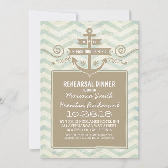 Chevron nautical anchor rehearsal dinner invites (Front)