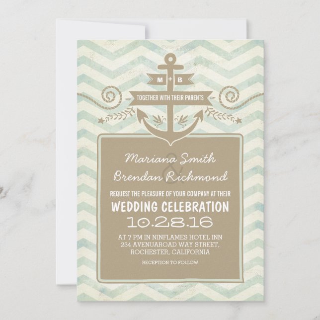 Chevron nautical anchor wedding invitations (Front)